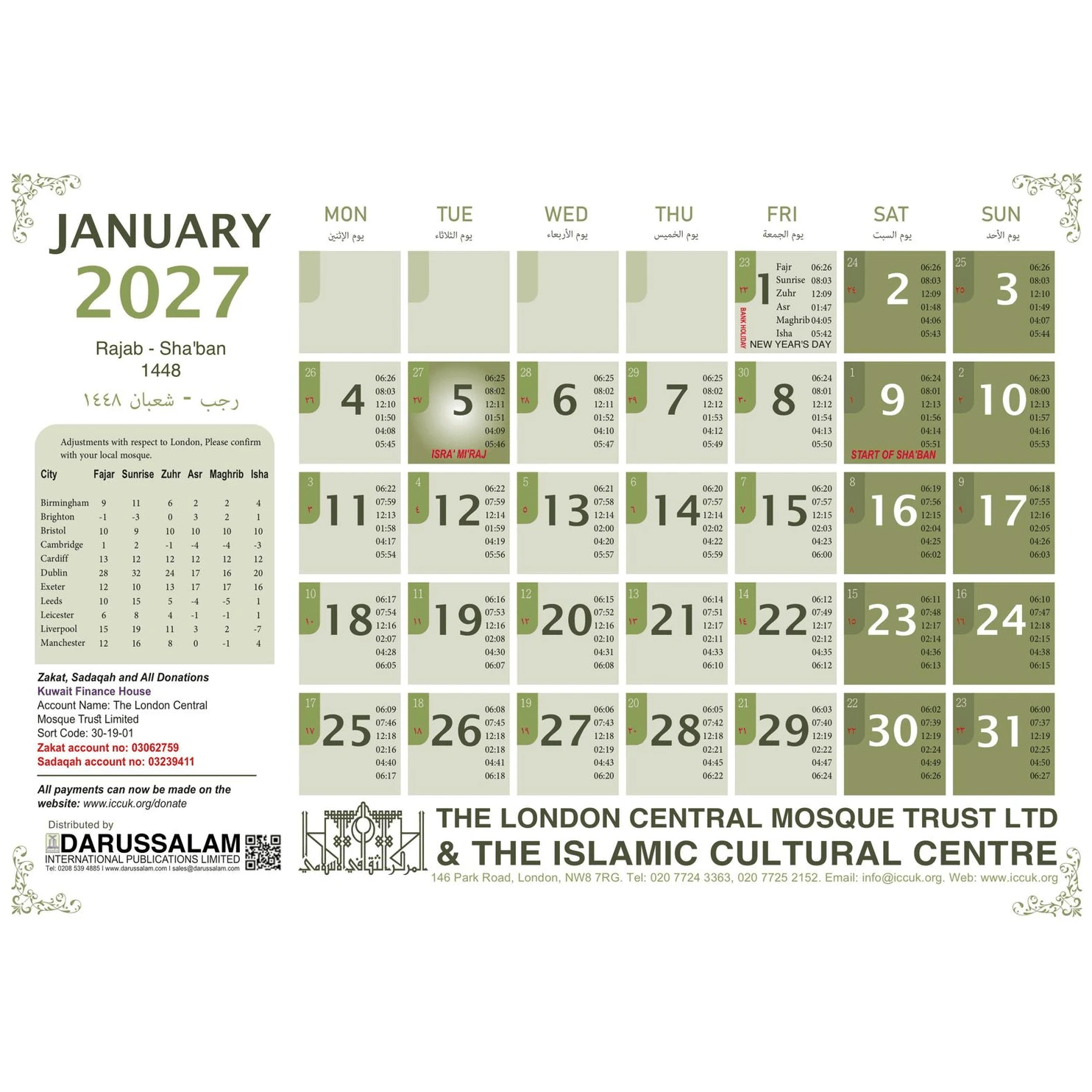 2027 Islamic Historic Cities Calendar – Hijri 1448–1449 with Prayer Times - Darussalam