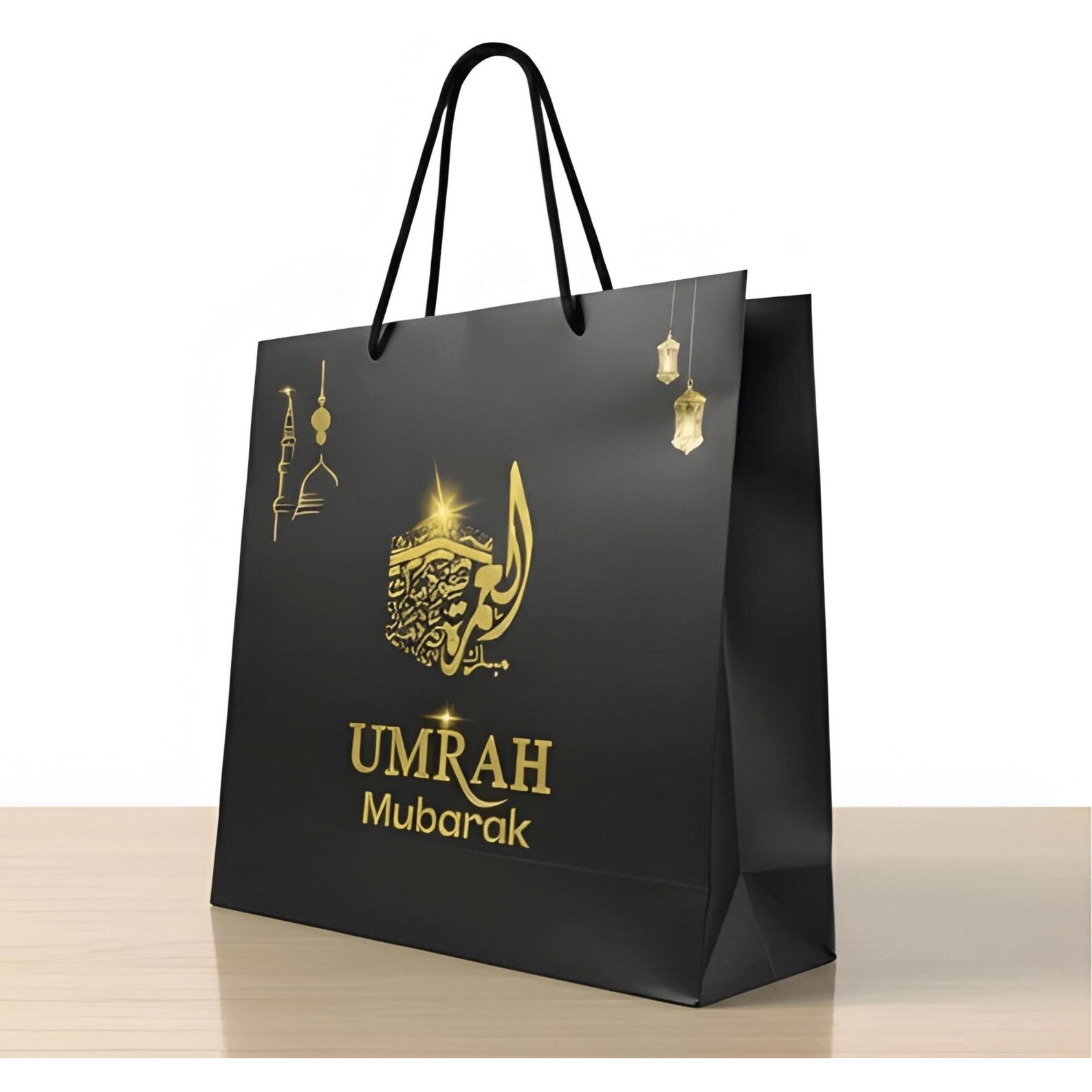 Umrah Mubarak Gift Bag – Elegant Black & Gold Matte Finish